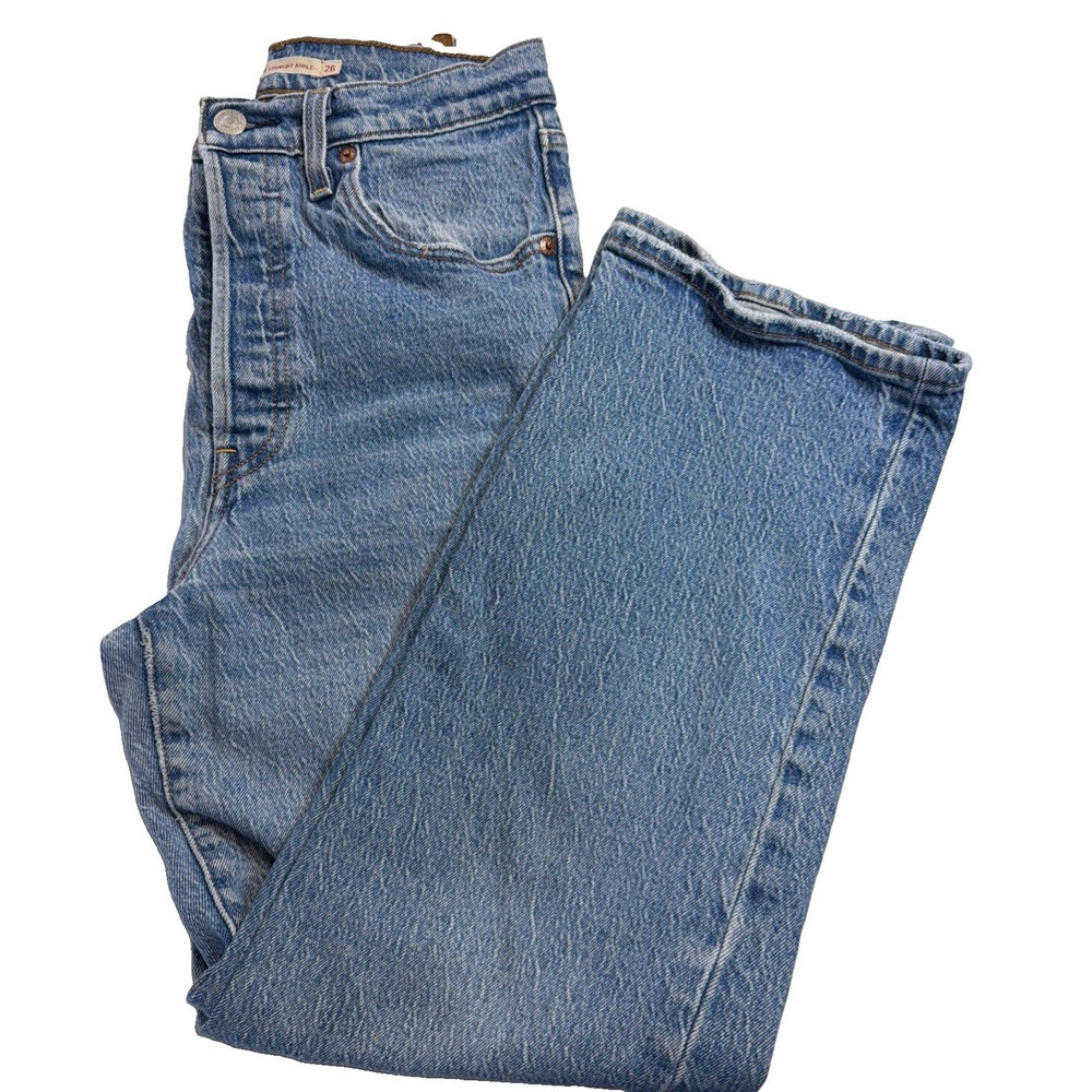 Levi's Ribcage Straight Ankle Jeans Women 26 Blue High Rise Button Fly Denim